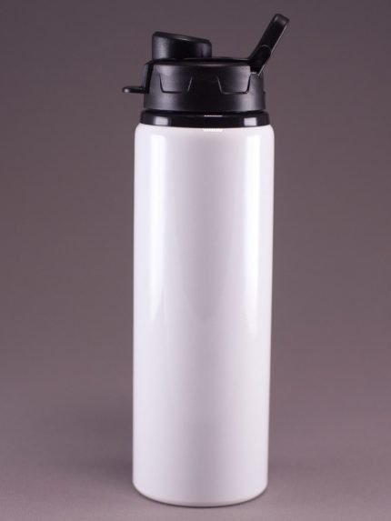 Botella deportiva blanca con tapa negra, para personalizar con logo o información de tu empresa