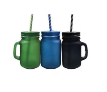 Mason jar de vidrio, de 16 oz. con agarradero, cuerpo frosted, tapa y carrizo de color.